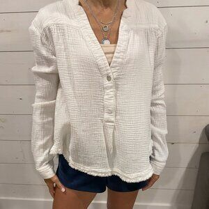 Free People White Oversized V Neck Shell button Cotton Shirt